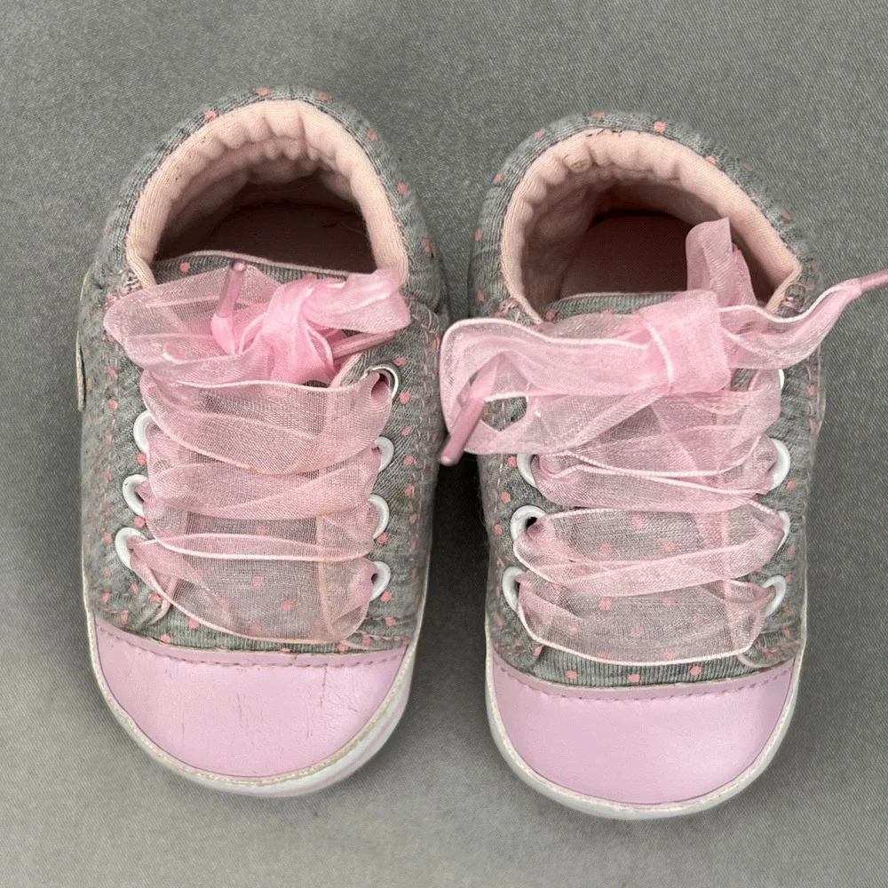 Infant Baby Girl Crib Shoes Gray Pink Polka Dot Heart Ribbon Lace High‎ Top 3-6M